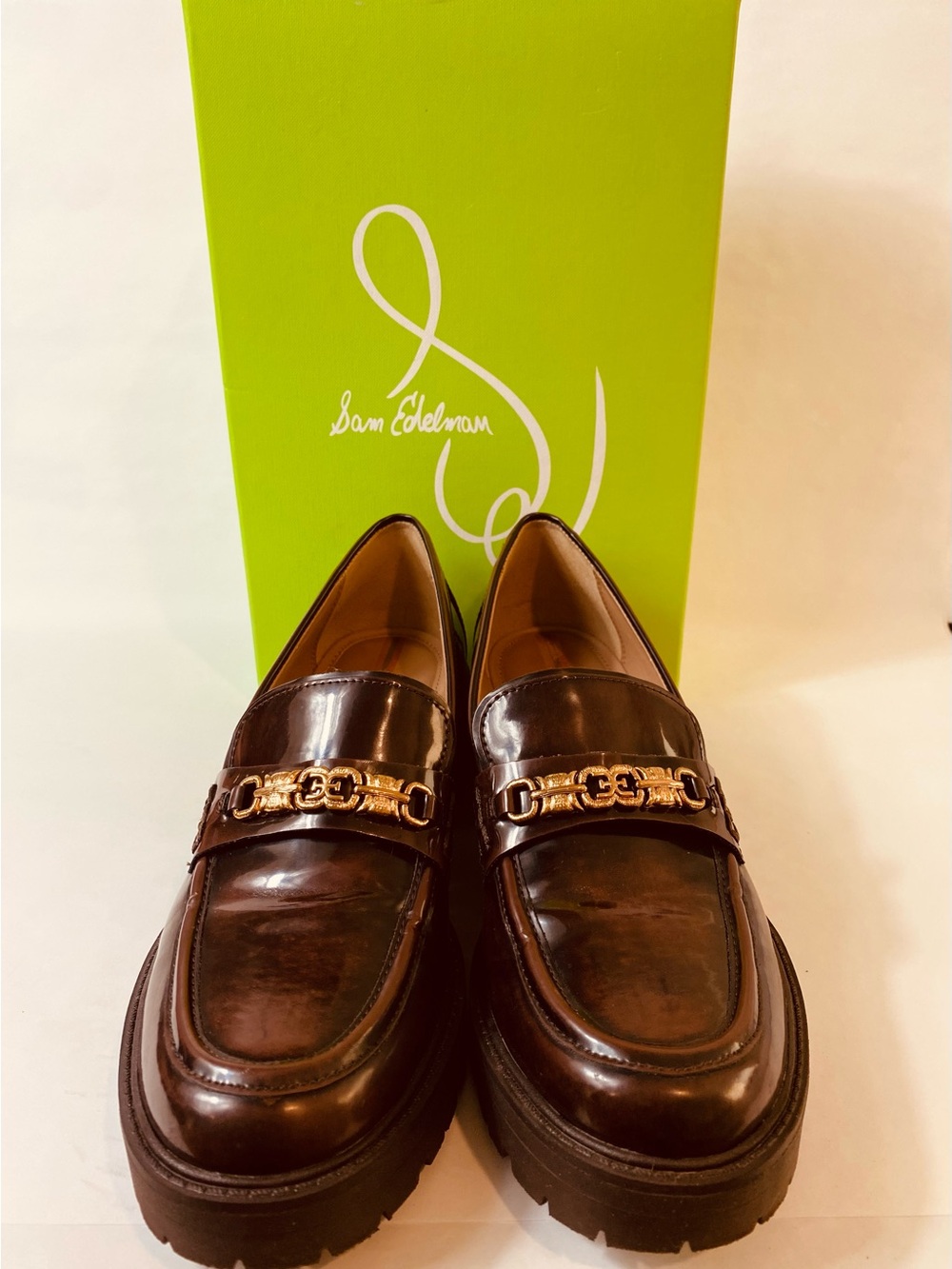 Sam Edelman Dark Brown Patent Leather Loafers with Gold Chain - Picture 4 of 12